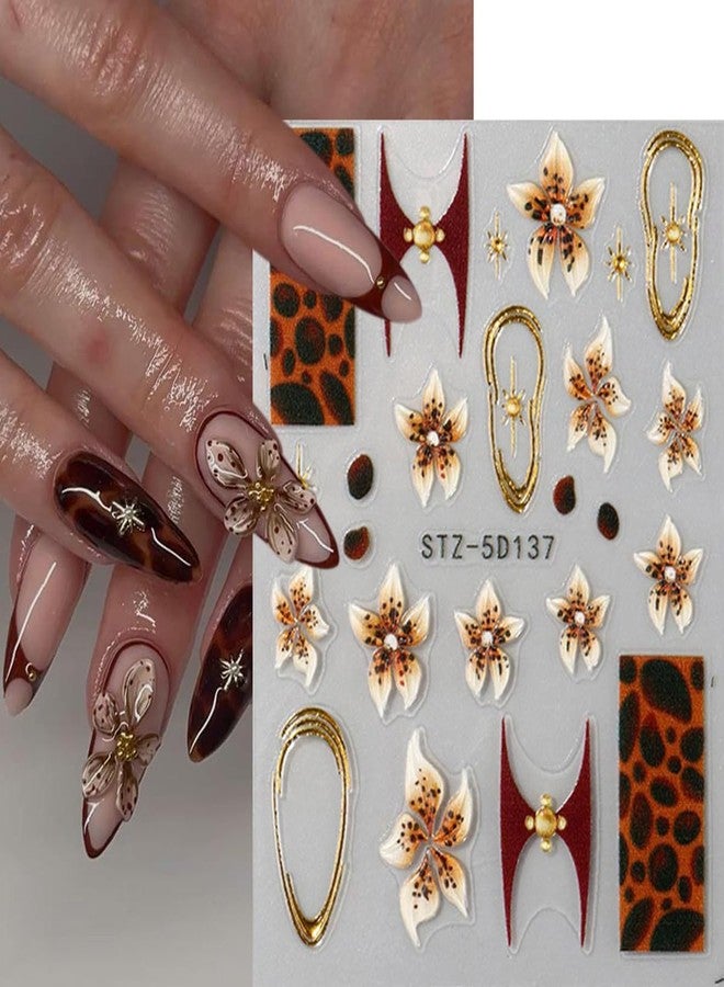 OSTTMA 2 Sheets Fall Flower Nail Art Stickers 5D Embossed Nail Decals Brown Flowers Leopard Print Gold Frame Design Sticker Self-Adhesive Nails Supplies for Women Autumn Winter Nails Art Decorations - Image 4